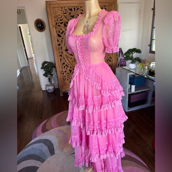 Current Mood Vibrant Pink Lace Layered Semi Sheer Maxi Dress size S NWOT - Picture 3 of 17